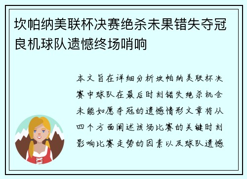 坎帕纳美联杯决赛绝杀未果错失夺冠良机球队遗憾终场哨响